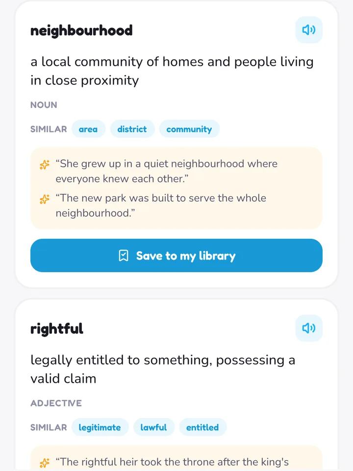 Meaning cards for neighbourhood and rightful, with similar words and examples