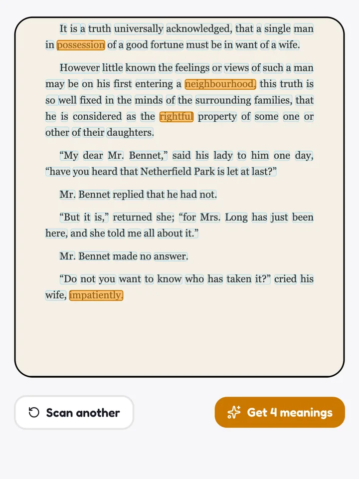 A photographed book page with four words tapped and a Get 4 meanings button