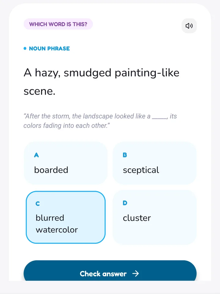 A multiple-choice review card: which word means a hazy, smudged painting-like scene