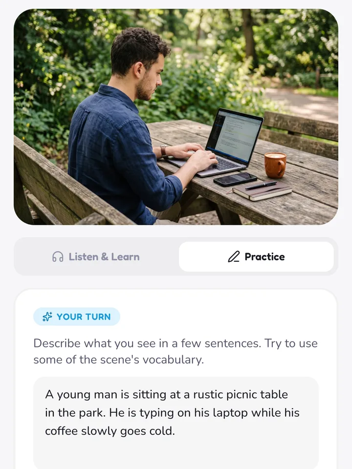 Describe practice: a scene photo and the reader's own written description